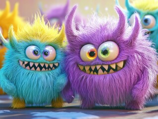 Obraz premium Explore the whimsical world of cute furry monsters in vibrant colors