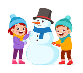 little kid build snowman with friend and feel happy