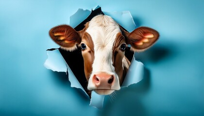 an expressive cow gazes through a blue paper tear symbolizing playfulness or a fresh outlook