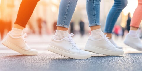 People walking in stylish sneakers on a city street showcasing urban lifestyle.