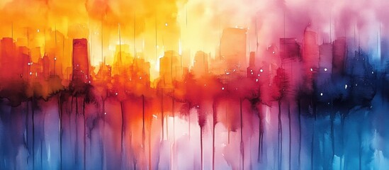 Abstract watercolor cityscape with vibrant colors and dripping paint.
