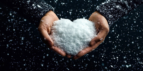 A person is holding a snow heart in their hands