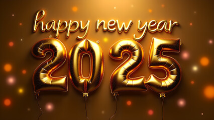 Gold balloon numbers 2025 with 'happy new year' text against a bokeh background.