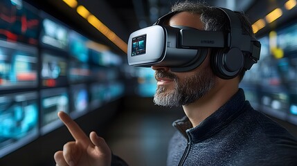 A man wearing a VR headset engages with digital displays in a tech-focused environment.