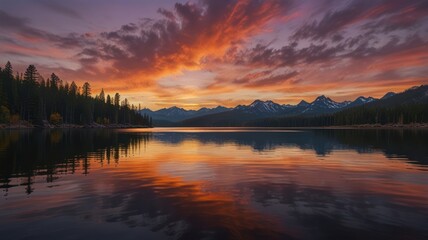 Obraz premium Vibrant sunset sky reflects on tranquil lake with a mountain range backdrop.