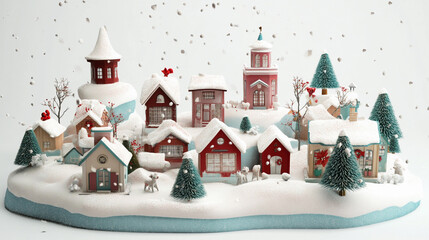 Winter village scene with snow-covered houses and trees