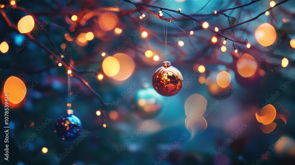 Poster colorful christmas ornaments dangle from tree branches, surrounded by glowing lights, creating a war