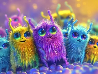 Naklejka premium Explore a whimsical realm filled with adorable furry monsters in high fidelity