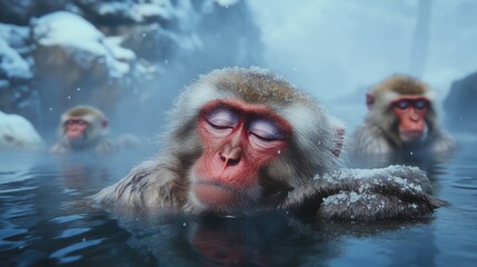 Fototapeta premium Experience the tranquil beauty of snow monkeys soaking in a hot spring at snow monkey park