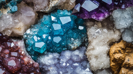 Vibrant crystals in various colors displayed on textured surface