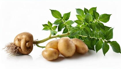 potato bush with tuber and roots isolated on white