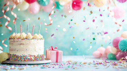 Birthday cake with candles under colorful streamers