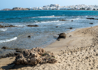 Beach at Naxos Hora town in Naxos, largest of the Greek Cyclades islands in the Aegean sea