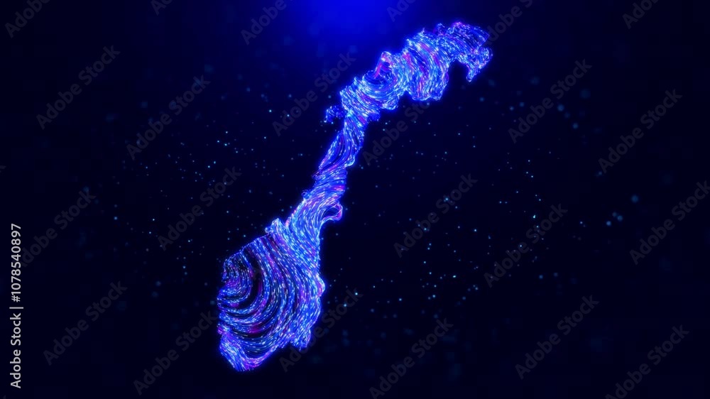 Poster abstract motion view norway map design, featuring glowing blue hairlines, dynamic flowing patterns, 
