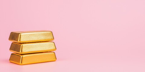 Three shiny gold bars stacked against a soft pink background, symbolizing wealth.