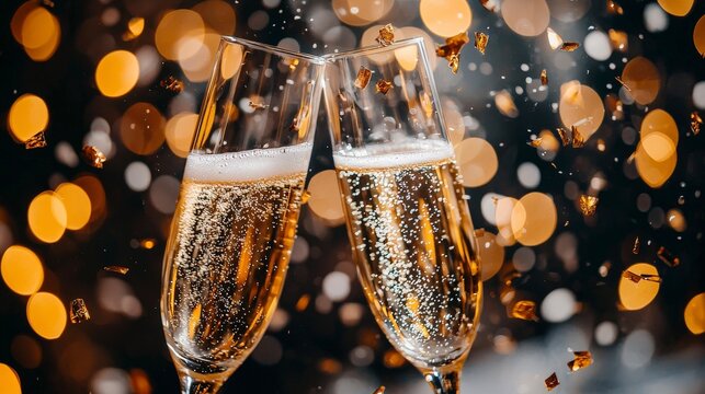 Two champagne flutes come together in a toast, surrounded by rich golden bokeh confetti, capturing the essence of celebration and shared happiness in festive moments.