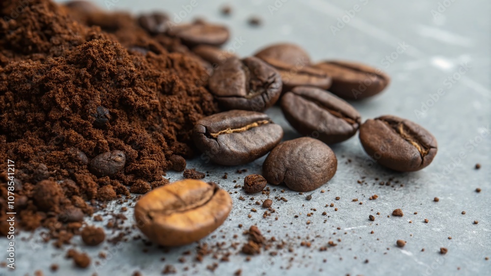 Poster macro photography of coffee grounds on a clear background, capturing the rich texture and color vari