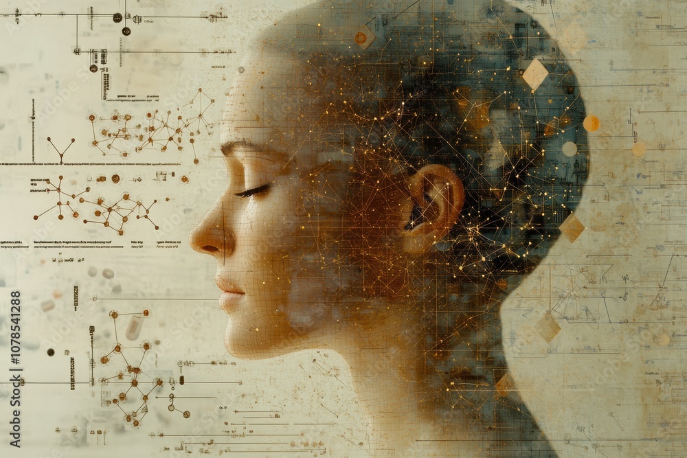 Aufkleber a human silhouette is illustrated with surrounding molecular structures and diagrams, symbolizing sc