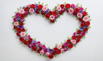 Obraz premium A heart shape made of red, pink, and purple roses is displayed against a white background