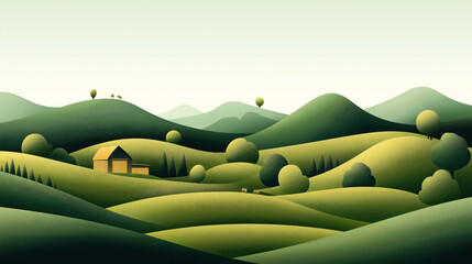 Obraz premium Stylized landscape illustration depicting rolling green hills with scattered trees, small house, and grazing deer under a pale sky.