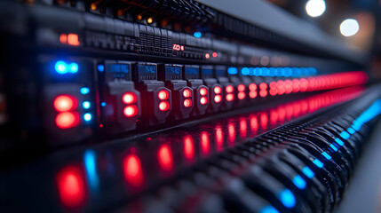 Server Rack with Red and Blue Lights - Photo