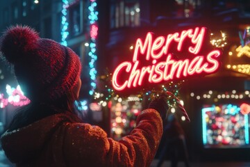 Fototapeta premium Person enjoying festive holiday market at night under vibrant Merry Christmas neon sign surrounded by sparkling lights and a joyful atmosphere