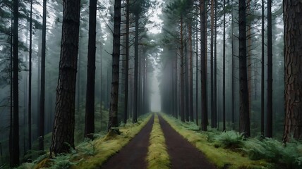 Obraz premium A Foggy Forest Path Through Tall Pine Trees