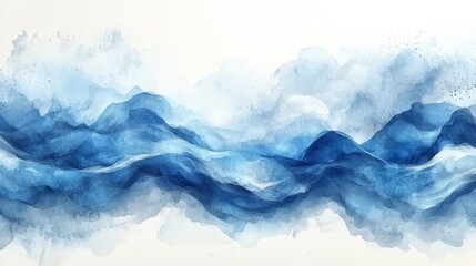 A serene watercolor depiction of flowing blue waves and mountains.