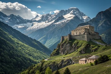 Majestic Bard Fortress Rising Above the Serene Landscapes of the Italian Alps, Surrounded by Lush Green Valleys and Snow-Capped Peaks Under a Clear Blue Sky