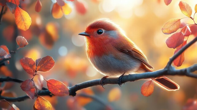 A red robin bird perched on a branch with autumn leaves in the background.