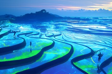 Silhouettes of People Walking on Bright Blue Rice Terraces