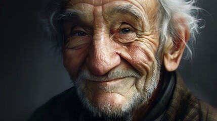 A close-up portrait of an elderly man with white hair and a beard, smiling.