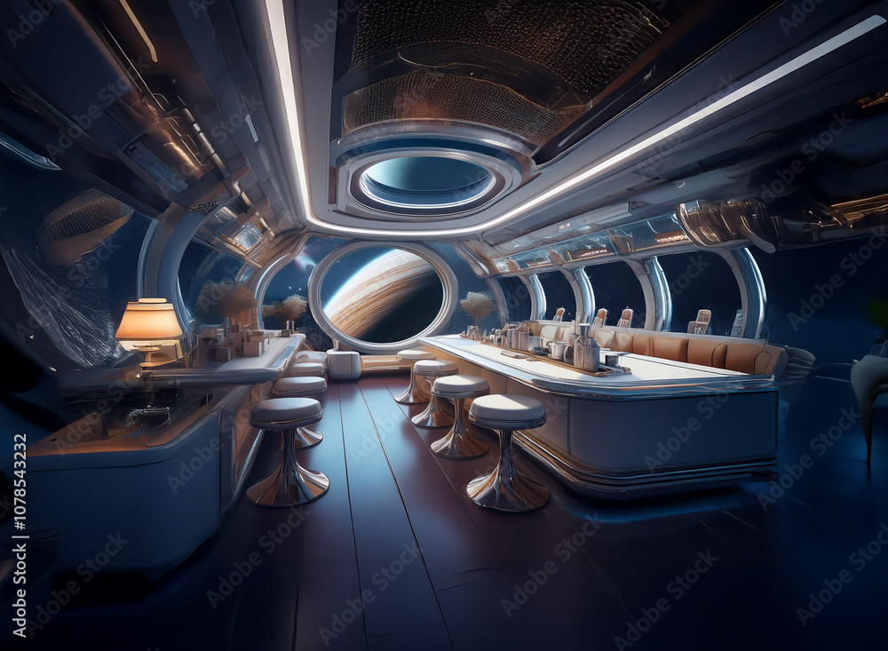 Poster a futuristic bar with large windows looking out onto a distant planet with rings.