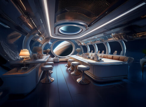 A futuristic bar with large windows looking out onto a distant planet with rings.