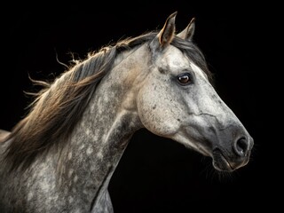 Obraz premium Majestic Horse Portrait: Close-Up Shot on Black Background, Captured in Studio with Stunning Detail and Texture, Perfect for Equestrian Enthusiasts and Animal Lovers