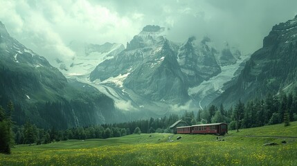 A red train sits in a green meadow with snow-capped mountains in the background.