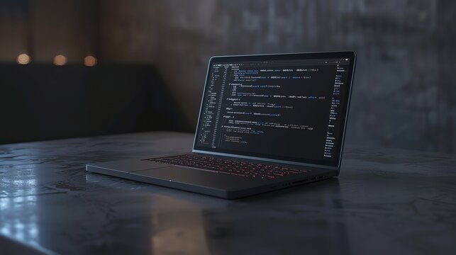 A laptop displaying code on a screen, on a dark grey table.