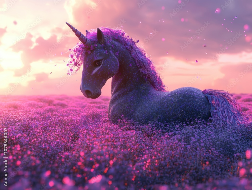 Poster create a high-fidelity rendering of a mystical unicorn in a dreamy landscape