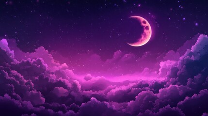 Obraz premium A crescent moon shines in a deep purple sky with fluffy clouds below, illuminated by the moonlight.