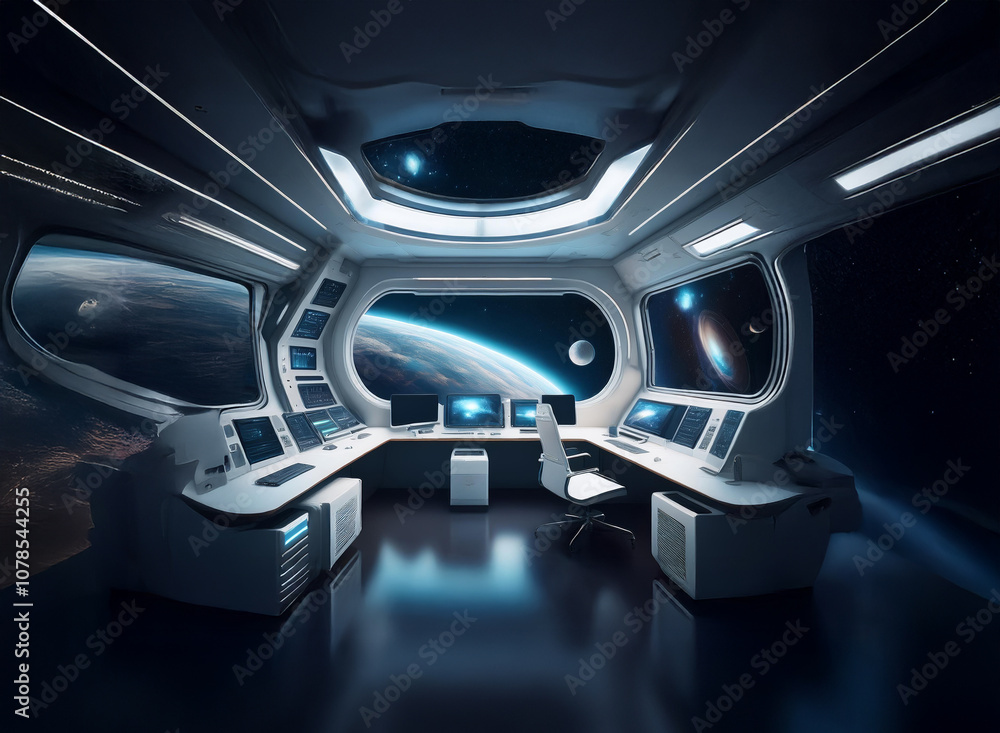 Poster a futuristic spaceship interior with large windows looking out at a planet and stars.