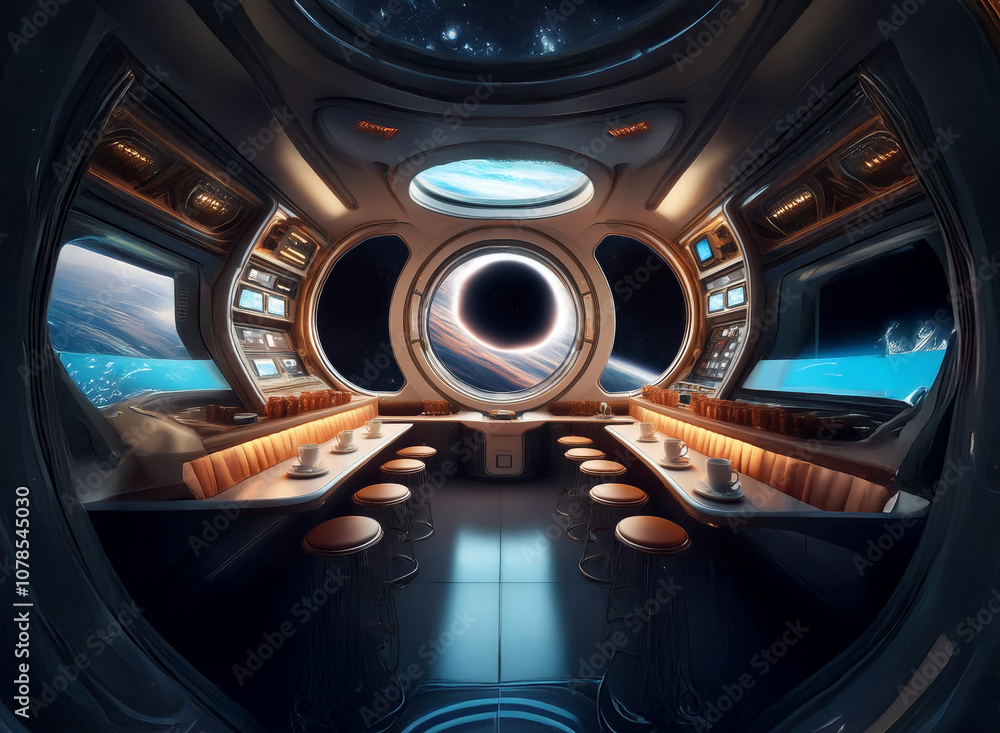 Poster a futuristic spaceship interior with a bar and large windows overlooking a black hole and a planet.