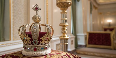 Obraz premium Majestic Panoramic Photography of a Royal Queen's Scepter Against a Gleaming Background, Symbolizing Power and Elegance in a Luxurious Setting