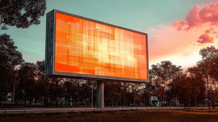 Obraz premium A vibrant billboard stands amidst trees, illuminated by a sunset glow, showcasing an abstract, textured display that attracts attention.