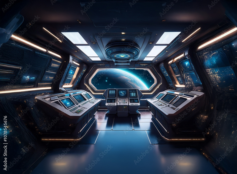 Aufkleber A futuristic spaceship bridge with a view of a planet and stars through the window.