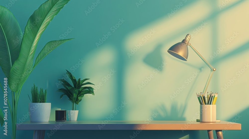 Poster create a tranquil workspace with a simple desk and study lamp scene