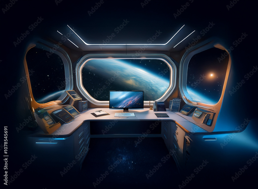 Poster a view from inside a spaceship, with a desk, a computer, and a large window overlooking the earth an