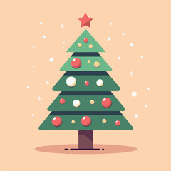 A green Christmas tree, on a pink background, is decorated with white and red balls. Flat style. Vector illustration