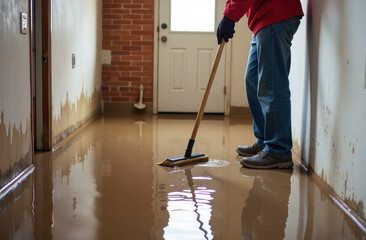 A person is using a squeegee to remove standing water in a flooded hallway after a storm.