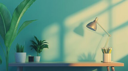 Create a tranquil workspace with a simple desk and study lamp scene