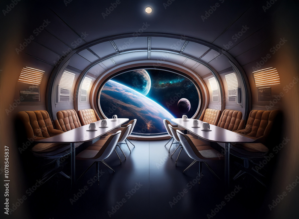 Poster a futuristic dining room with a large panoramic window overlooking a vast, starry expanse, featuring